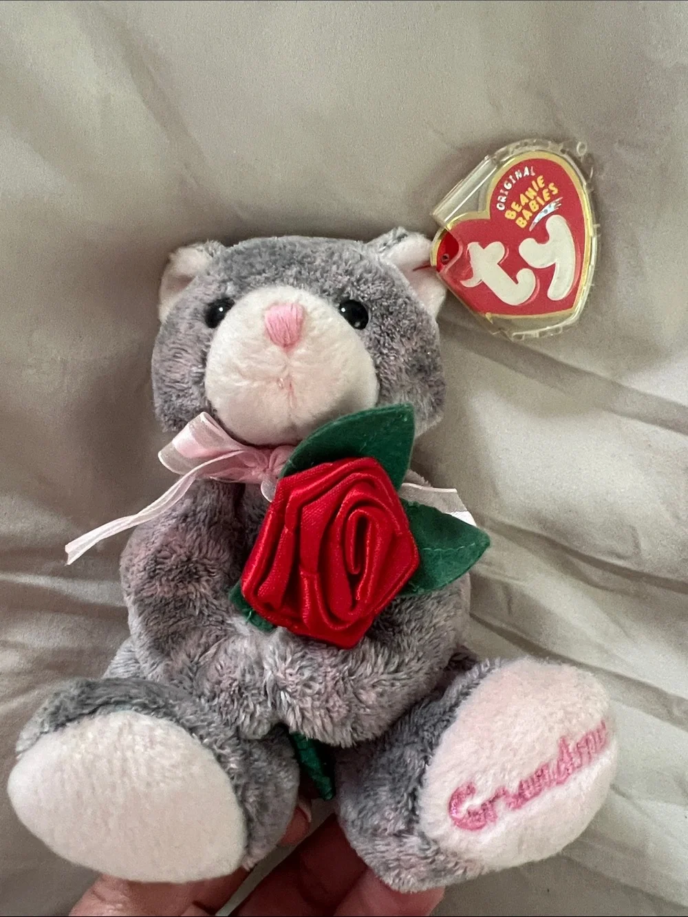 Ty Beanie Babies Grandmother Gray Teddy Bear Plush w/ Rose & Tag Protector 2004